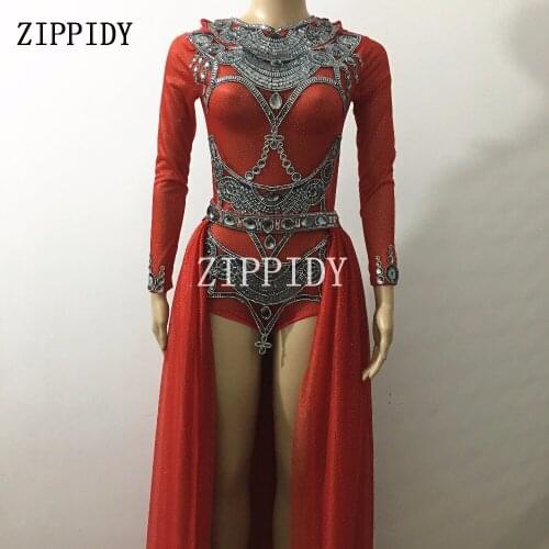 Bright Rhinestones Red Backless Bodysuit Big Tail Stage Show Outfit Set Female Singer Nightclub Prom Celebrate Luxurious Costume