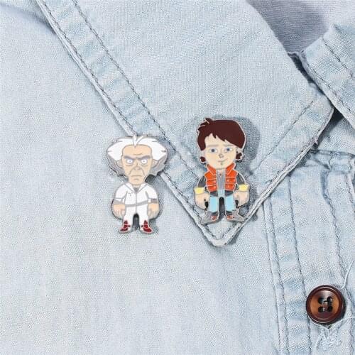 Cartoon Back To The Future Metal Enamel Pins young guy and elderly Brooches for Women Fashion Lapel Pin Backpack Bags Badge Gift