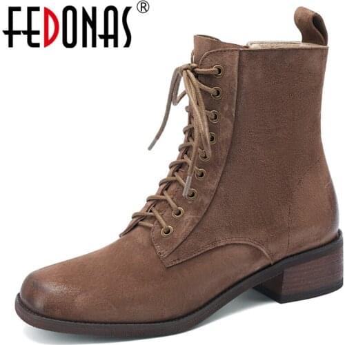 FEDONAS Lace Up Women Motorcycle Boots Round Toe Thick Heels Boots For Women Vintage Classic Design Working Casual Shoes Woman