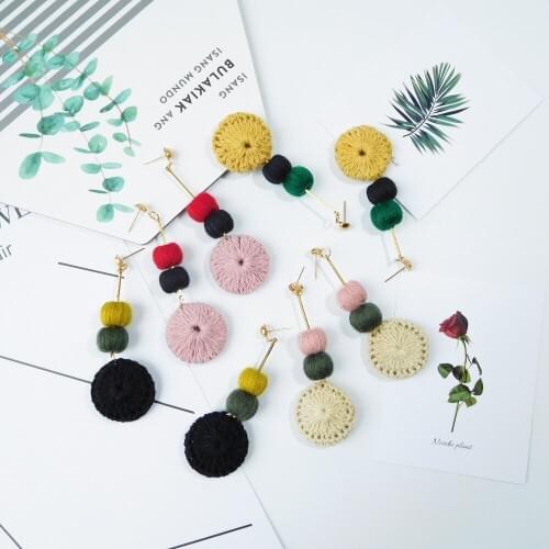 HC Cute Round Drop Women Colorful Earrings Trendy Handmade Wool Knitting Button Ball Fashion Earrings Charm Vintage Earrings W