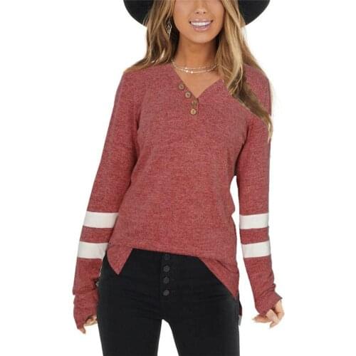 Solid Color Women Buttoned V-Neck Tshirts Womens Long Sleeve Autumn New Tops Femme 2021 Loose Casual Striped Sleeve Top Ladies