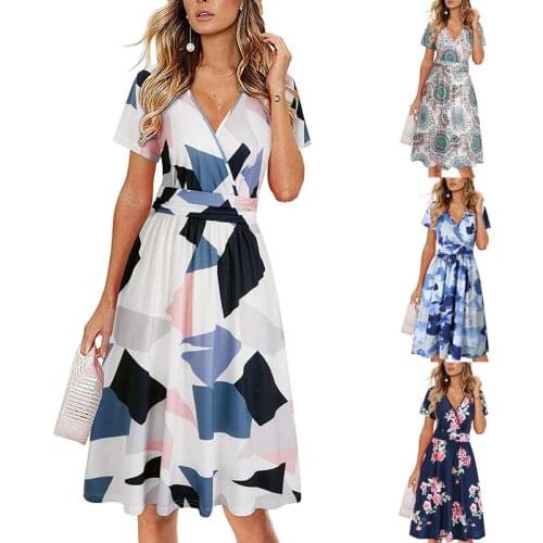 Summer 2021 Women Dress Short Sleeve Print Dress Casual High Waist Women Clothes Vintage Ladies Dresses Streetwear Vestidos