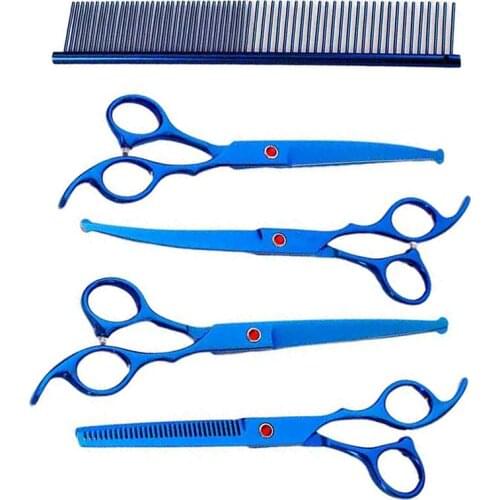 7 Inch Blue Round Tip Curved Thinning Cutting Comb Hair Grooming Dog Scissors Set