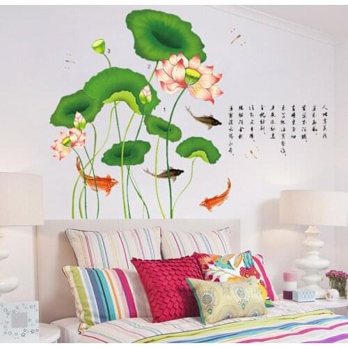 Watercolour Lotus pond goldfish wall sticker PVC Material DIY Art wall decals for Living room sofa background wall decor sticker