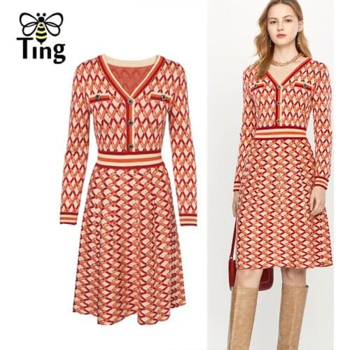 Tingfly Designer Fashion Plaid Button Decor Lady Winter Knitting Dress Casual Chic A Line Streetwear Vestidos Frocks for Women