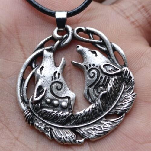 Double Teen Wolf Slavic Kolovrat Symbol Pendant Viking Wolf Amulet Wicca Pagan Necklace feather Witchcraft Wiccan Jewelry