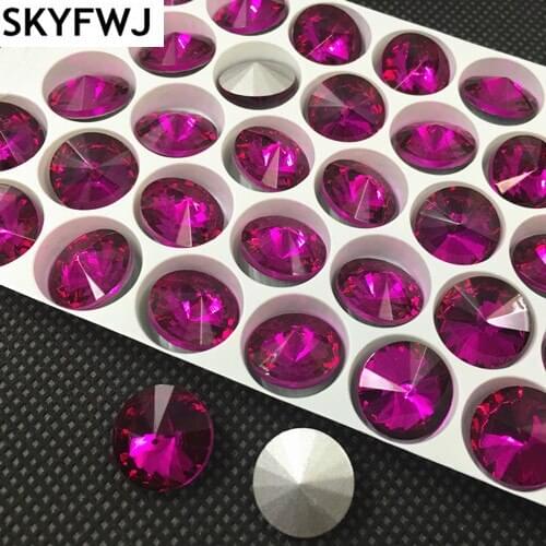 Fuchsia Color 6,8,10,12,14,16,18mm RIVOLI CRYSTAL POINTED BACK Rhinestones Round Glass Stone for Dress Making
