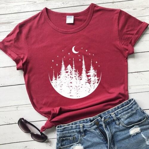 Celestial Moon Trees 100% Cotton T-shirt Aesthetic Summer Short Sleeve Wanderlust Tshirt Vintage Women Nature Walk Tee Top