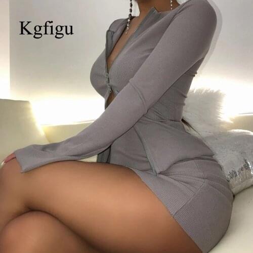 KGFIGU 2021 Womens gray deep V-neck open chest Double zipper short mini dress tight and hip lifting Sexy Long Sleeve Clothing