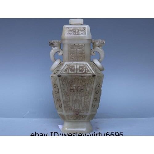 Chinese Folk Old He Tian White Jade Nephrite Silver-inlaid Dynasty Dragon Vase A