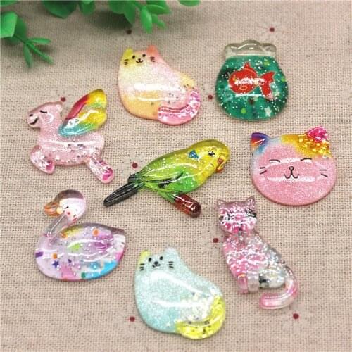 10pcs Cute Ins Style Resin Bling Cartoon Animal Cat/Bird/Fish/Unicorn Cabochon DIY Home Craft Decoration Accessories