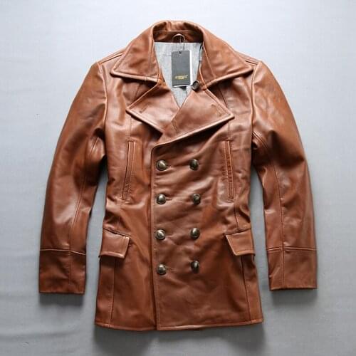 AVIREXFLY 2020 New Men Brown/Black Long Style Wide waisted Genuine Leather Jacket Smart Casual Cowskin Double Breasted Jackets