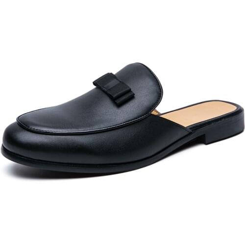 Mens leather slippers fashion bow casual shoes black mule summer mens sandals zapatillas hombre обувь мужская летняя сандали44
