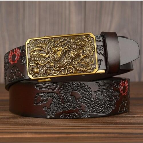 High Quality luxury Chinese dragon automatic buckle male belt genuine leather fashion Cowskin belts for men ceinture