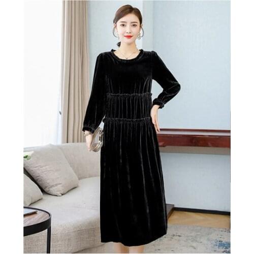 New 2020 spring Vintage Women Autumn Three Quarter Sleeve dress O-Neck Pleated Velvet Banquet Party Dress plus size M-7XL