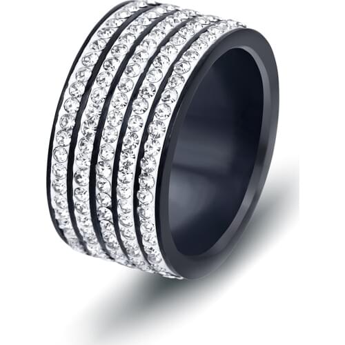 Black Gun Plated Stainless Steel Engagement Jewelry 5 Row Crystal Wedding Rings