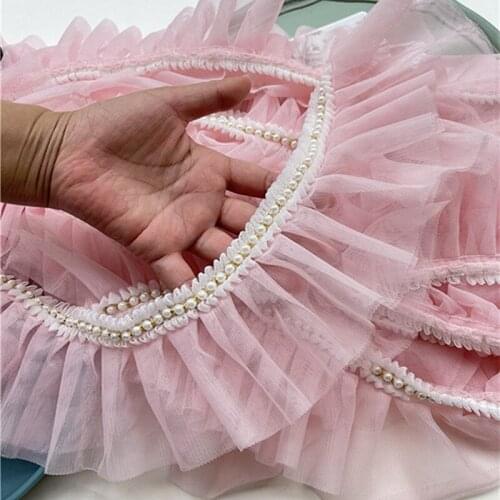 9cm Wide Pink Pleated Bead Yarn Lace Fabric DIY Childrens Dress Cake Skirt Fluffy Cuffs Home Textile Pet Bib Sewing Accessories