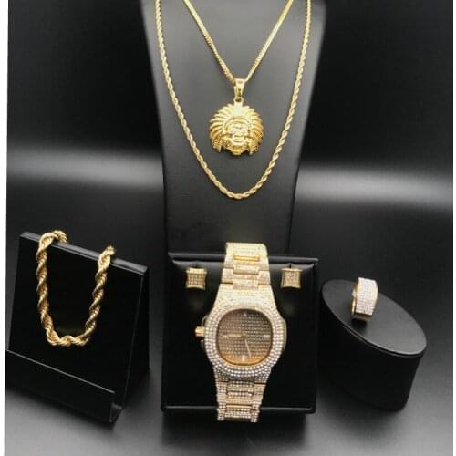 Luxury Men Gold Color Watch &Necklace & Bracelet & Earrings Combo Set Ice Out Cuban Watch Hip Hop Crystal Miami Bracelet For Men