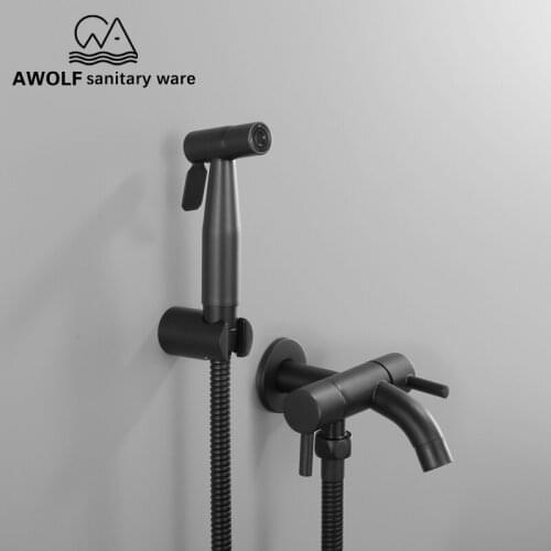 Toilet Bidet Hand Held Sprayer Douche Kit Matte Black Dual Control Faucet Spout Valve Shattaf Shower Set Toilet Washer AP2165