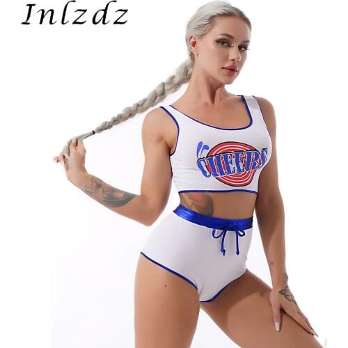 Sexy Womens Lingerie Cheerleading Cosplay Costume Nightwear Letter Print Cropped Tank Top with Drawstring Briefs Hot Pants