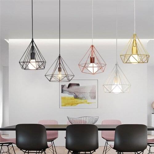 Modern Pendant Lights iron Metal Diamond Cage Retro Nordic Loft Lamp E27 Indoor Room Hanging Lingting Fixture