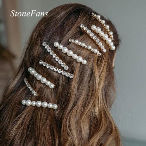 Stonefans Handmade Rhinestone Pearls Hair Clip Barrettes for Women Fashion Gold Hair Bobby Pins Pearl Hair Jewelry Accessories