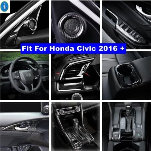 Carbon Fiber Look Interior Refit Kit Pillar A Speaker / Air AC / Door Bowl / Lift Button Cover Trim For Honda Civic 2016 - 2020