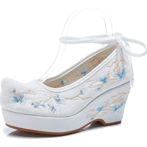 Women Ankle Strap Shoes 8cm High Heels Comfortable Chinese Embroidery Ladies Cotton Fabric Platform Pumps Traditional