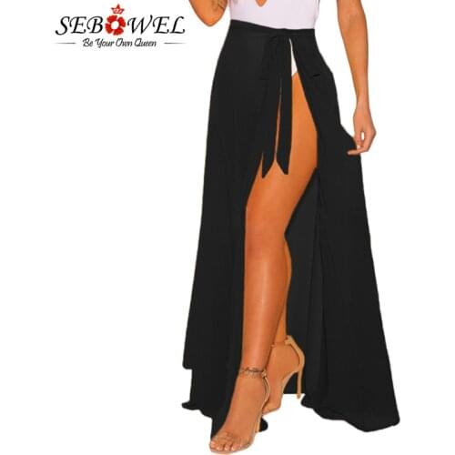 SEBOWEL 2020 Summer Sexy Beach Boho Skirt Women Chiffon Long Maxi Skirt Female Asymmetrical Split White Black Sheer Wrap Skirt