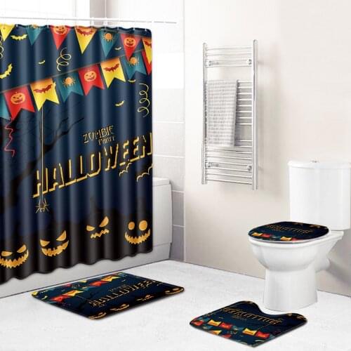 WUJIE "HOLLOWEEN" Patern Shower Curtain Set Pedestal Rug Toilet Seat Cover Anti Slip Bath Mat Pumpkin Printed Shower Curtain