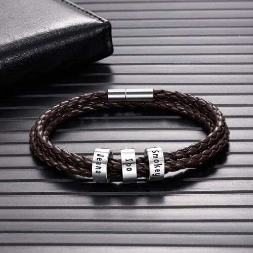 Multilayer Braid Rope Bracelet Men with Custom Engraved Family Name Beads Charm ID Bracelets & Bangles Fashion Punk Male Jewelry