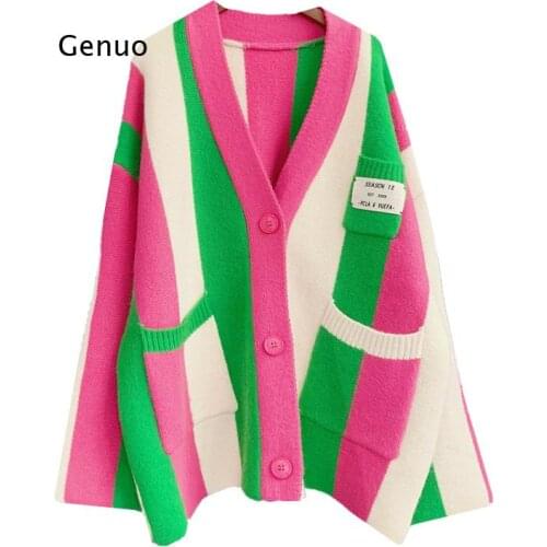 Women Long Sweater Coat Vneck Oversized Cardigans Patchwork Sweater Casual Striped Chic Street Knit Poncho Korean Tops