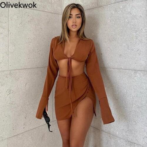 Olivekwok Fashion Solid Lace Up Two Piece Sets Long Sleeve Skirts Sets Sexy V-neck Woman Streetwear Fall 2021 Bandage Outfits