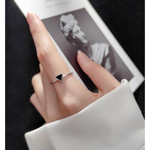 ElfoPlataSi Authentic 925 Sterling Silver Fashion Geometric Black Triangle Opening Rings For Women Wedding Party S925 Jewelry