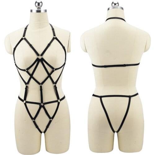 Lingerie Body Suit For Women Goth Sexy Harness Hollow Open Breasts Erotic Crotchless Bondage Black Bra Set Body Binding Sex Toy