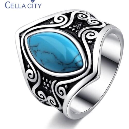 Cellacity Vintage Ring for Women Geometry Silver 925 Jewelry Olive shaped Turquoise Auspicious clouds pattern Gifts for Mother