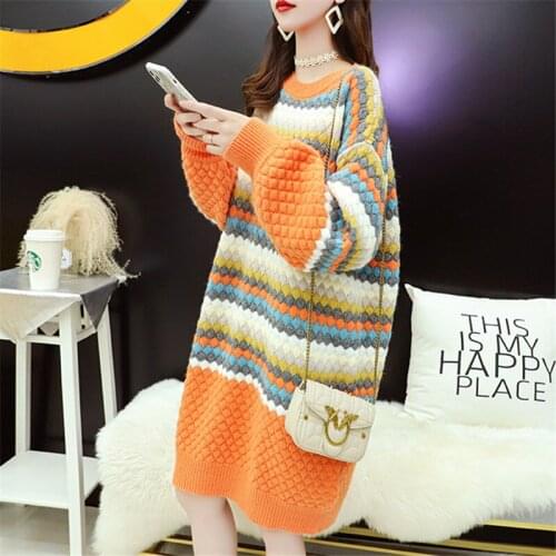 2021 Winter Thick Oversized Loose Long Knitted Sweater Dress Women O-neck Lantern sleeve 3 Color Choose Striped Sweaters Female