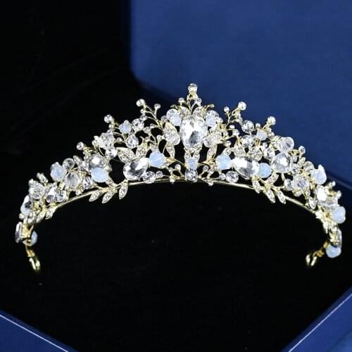 Golden Bride Crown With Crystal Wedding Headdress Brides Tiaras Headbands Women Accessories Princess Hair Jewelry Free Earrings