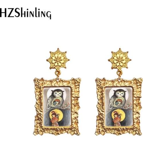2020 New Owl Moon Earring Bird Painting Drop Earrings Retro Mandala Charm Art Glass Cabochon Jewelry