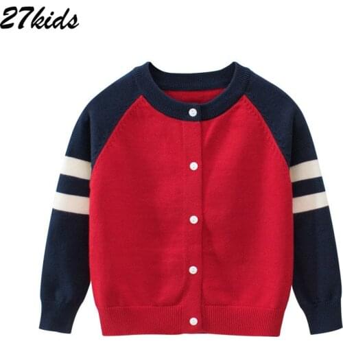 27kids Boys Stripe Knitted Spring Cardigan Sweater Boy Kids Autumn Warm Childrens O Neck Sweaters Tops Outerwear 2-9 years