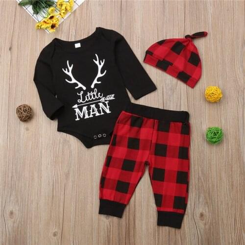 3 Piece Set For Toddler Kids Newborn Baby Boy Christmas Long Sleeve Cotton Jumpsuit Bodysuit+Plaid Pants+Hat Xmas Outfit 0-18M