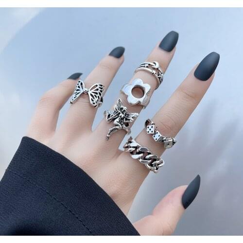 Aprilwell 6 Pcs Punk Butterfly Rings for Women Vintage 2021 Trend Aesthetic Elves Dice Gothic Anillos Fashion Jewelry Streetwear