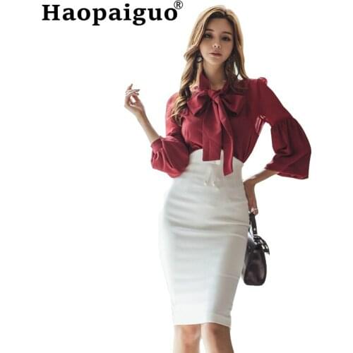 Plus Size 2019 Autumn Winter Modis OL Work Office Two Piece Set Red Chiffon Blouse with Bow and White Wrap Bodycon Skirt Suit
