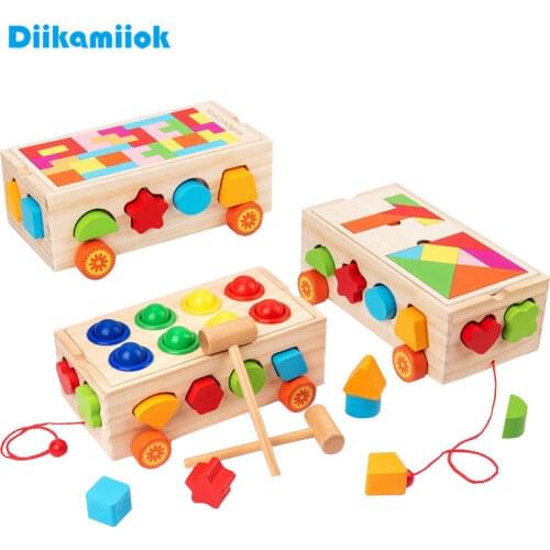Kids Wooden Building Blocks Cars Baby Montessori Educational Toys Puzzle Drag Car Children Shape and Color Matching Learning Toy