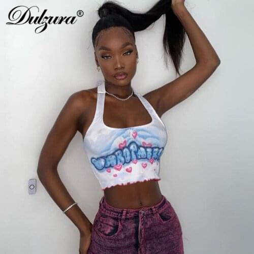 Dulzura letter print ribbed women crop top halter lace up bandage tanks bodycon sexy backless ruffle streetwear party clubwear