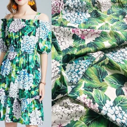 145cm Width Fashion Green Hydrangea Printed Cotton Fabric For Woman Summer Dress Blouse DIY Cloth Sewing