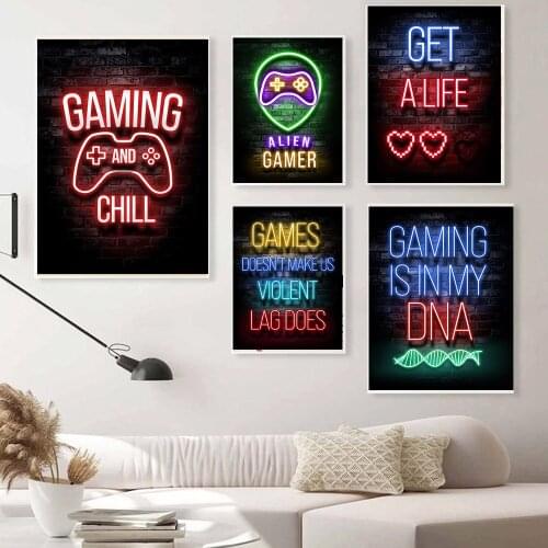 Game Poster Printing Neon Light Gamepad Illustration Game Quote Wall Art Picture Joystick Canvas Painting Boy Room Decoration