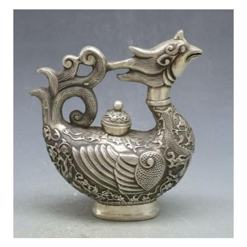 Chinese Tibet silver Phoenix bird Wine Tea Pot Flagon Claret Jug Statue