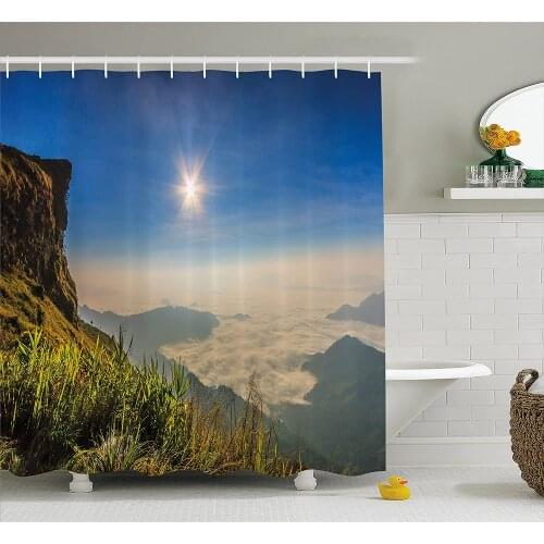 Landscape Shower Curtain Mother Nature Inspired Cliff Mountain Wiev from The Peak Sunbeams Clouds Photo Home Decor Bath Curtains
