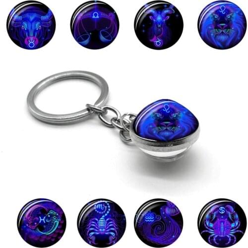 Leo 12 Zodiac Constellation Keychain Zodiac Double Side Cabochon Glass Crescent Key Ring Birthday Gifts Jewelry Men for Women